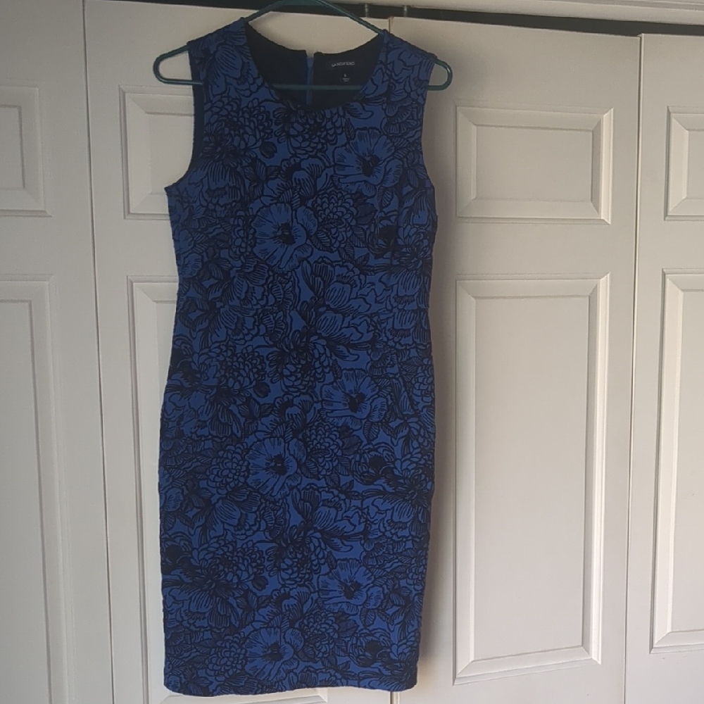 Lands End Floral Blue Dress - Size 6 Raised Velvet Texture